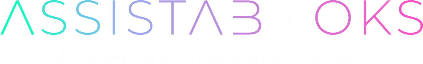 Logo for Assistabooks with colorful gradient text and the tagline "Bookkeeping & Virtual Assistant Services" in smaller white letters below.
